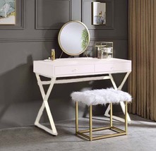 Adao Vanity Mirror &amp; Stool, Faux Fur, Mirror, Pink &amp; Gold Finish - $161.00