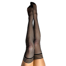 Kixies Angelica Rhinestone Fishnet Thigh-High Black Size A - £27.93 GBP