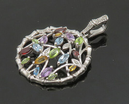 925 Silver - Vintage Genuine Diamonds &amp; Multi-Stone Floral Pendant - PT16494 - £76.68 GBP