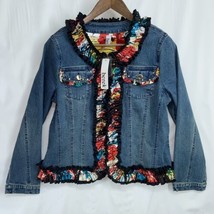 berek Sz XL Painted Silk Ruffle Women&#39;s Beaded Blue Denim Jacket NWT - $52.24