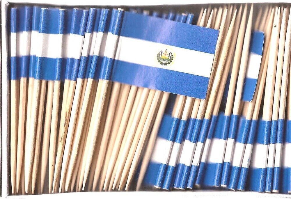 One Box of 100 El Salvador Toothpick Flags, 100 Small Mini Cupcake Flags - $7.90