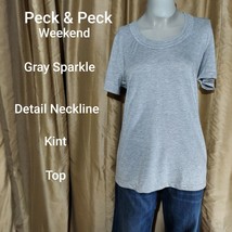 Peck &amp; Peck Gray Sparkle Knit Short Sleeves Detail Neckline Top Size M - $10.00