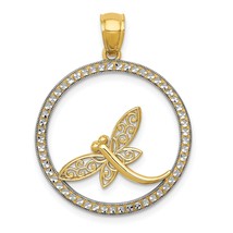 14K Two Tone Gold Diamond Cut Dragonfly Circle Pendant Charm Jewelry 29 x 23 mm - $135.79