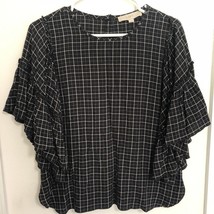 Loft Blouse Size XS Black White Ruffle Sleeve Windowpane Top Button Back Rayon - £15.17 GBP