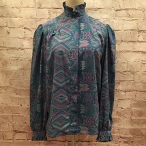 Vintage 80s Teal Blue Southwest Secretary Blouse High Neck Ruffle Trim Size 8  - £38.23 GBP