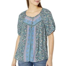 Lucky Brand Womens S Green Floral Printed Short Balloon Sleeve Button Top NWT - £22.12 GBP