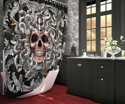 Silver Medusa Skull Shower Curtain, Fantasy Goth Bathroom Decor - £55.45 GBP