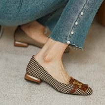 Houndstooth thick low heel shoes slip on tassel beads spring square toe pump for office thumb200