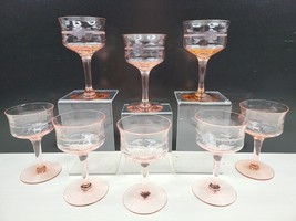 (8) Tiffin Franciscan May Pink Rose Liquor Cocktail Floral Etch Optic Depression - £69.82 GBP