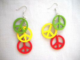 New Green - Yellow - Red Rasta Reggae Wooden Peace Sign Dangling Chain Earrings - $11.99