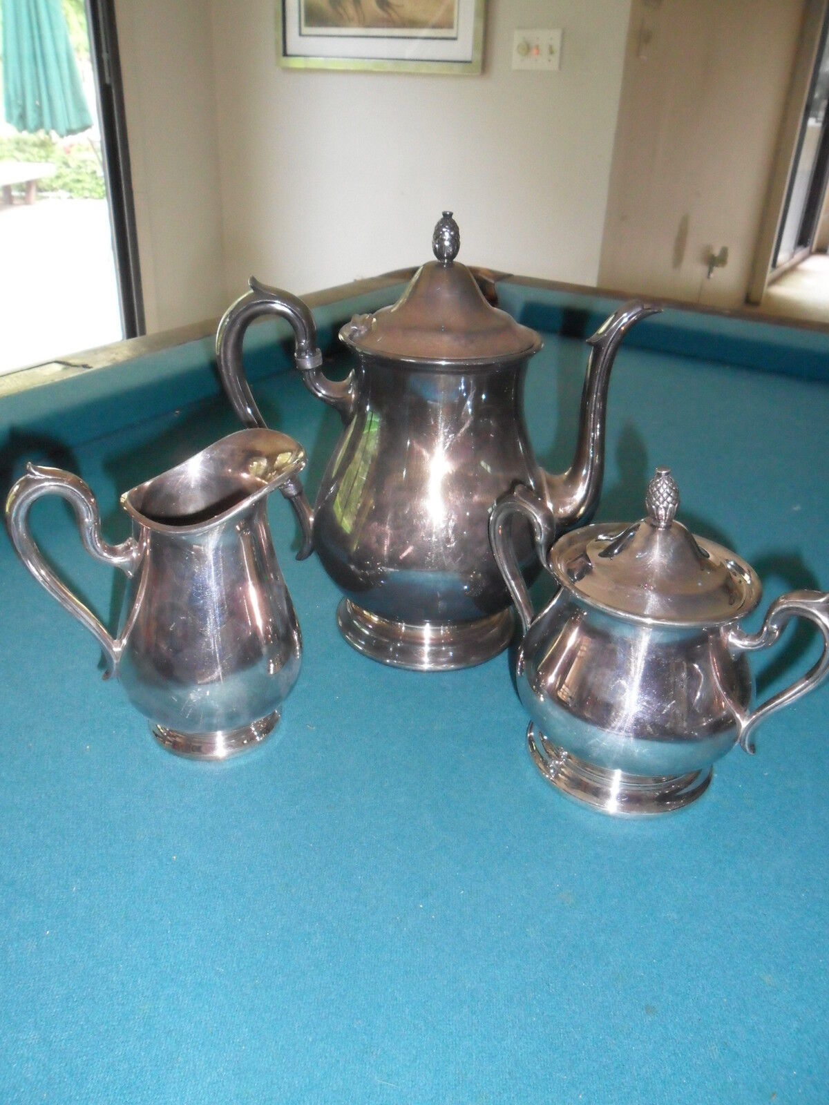 Antique Reed & Barton Jamestown Silverplated Coffee Pot, creamer and sugar origi - $123.75