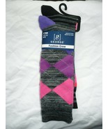 George Fashion Crew Socks 2 Pair Shoe Size 6-12 Argyle Stripe Pink Purpl... - £9.27 GBP