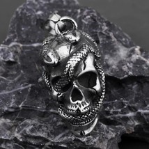 Men&#39;s Gothic Retro Snake Skull Pendant Necklace Punk Jewelry Stainless Steel 24&quot; - £8.55 GBP