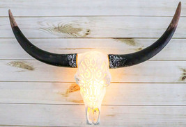 Western Tooled Filigree Longhorn Steer Cow Aged Bone Skull LED Light Wall Decor - £73.06 GBP