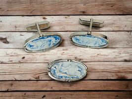 Swank Vintage Cuff Link Set Cameo Inlay Classical Roman God Blue Silvertone - $54.87