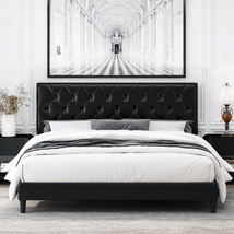 Queen Bed Frame Black Faux Leather Upholstered Button Low Profile Platform - £256.36 GBP