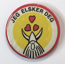 Jeg Elsker Deg Viking I Love You Norwegian Button Pin 2.25&quot; Vintage - £12.70 GBP