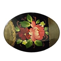 Vintage Eastern European Black Handpainted Floral Motif Brooch - $26.72