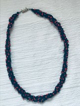 Estate Crocheted Navy Blue Thread with Tiny Plastic Red Beads Necklace – 15.5 in - £8.35 GBP