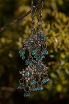 Long Dangle Indian Earrings  Silver Boho Pierced Rhinestone Vintage 80s Gypsy - £12.36 GBP