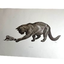 Pen And Ink Sketch Cat Playing With A Frog Russian Blue Black Kitten 17X11 Print - £52.12 GBP