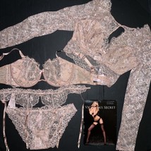 Victoria&#39;s Secret 36DD Bra SET+garter+LONG-SLEEVE Top Beige Silver Evening Blush - £194.17 GBP