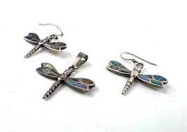 Abalone &amp; 925 Sterling Silver Dragonfly Pendant + Dangle Earrings Set - £17.40 GBP