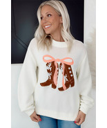 White Embroidered Bow Boots Graphic Drop Shoulder Sweater - $45.06