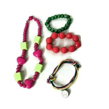 Mixed Girls Lot of 4 Necklace Bracelets Pink Heart Block Polka Dot Beaded - £9.63 GBP