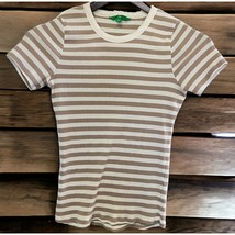Dip Striped T Shirt Womens Size Large Tee Cap Short Sleeves Brown White - £7.82 GBP
