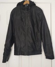 Fried Denim Nyc Womens Jacket Coat Black Faux Leather Full Zip Hooded L - £23.73 GBP