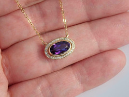 2Ct Oval Cut CZ Amethyst Halo Pendant 14K Yellow Gold Plated 18&quot;Free Chain - £95.91 GBP