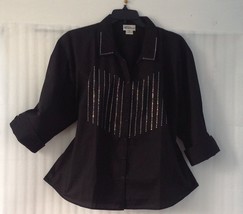 Black Button Down Shirt Studded Blouse Top 12/10/M 3/4 Sleev Occasion Ca... - €19,05 EUR