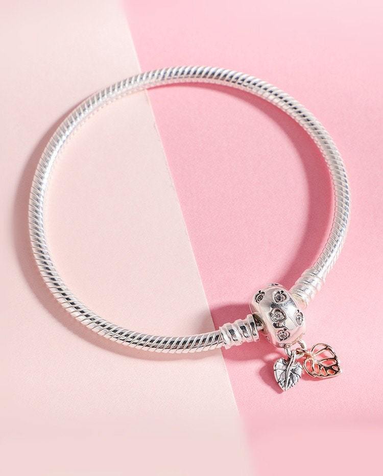 925 Sterling Silver and Rose Gold Moments Leaves & Snake Chain Bracelet