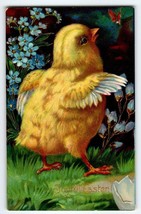 Easter Postcard Vintage Baby Chick Forget Me Not Flowers Gel Embossed Germany - £6.64 GBP