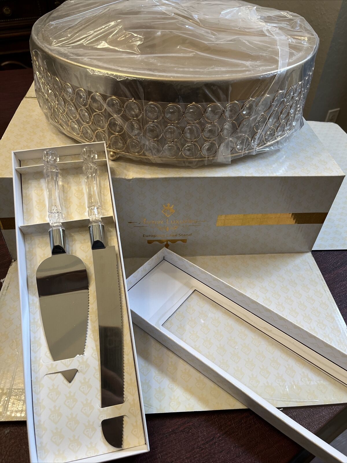 Primary image for 16" Gold Tone Cake Stand W Faux Crystal Beads & Cake Knife & Server NEW