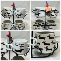 Coco + Lola 4-Mugs Dachshund Stackable Ceramic Cups Holiday Christmas w/ Stand - £36.25 GBP