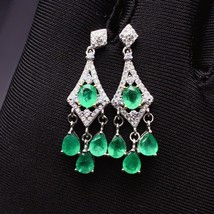 Luxurious Retro Long Line Natural Green Emerald Drop Earrings S925 Silver Natura - £213.18 GBP