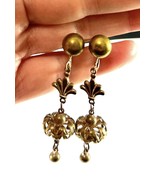 Vintage Brass Tone Screw-Back Dangle Earrings – Art Deco Fan &amp; Openwork ... - $24.95