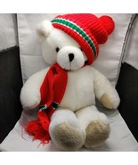 Vintage White Winter Christmas Holiday L 18&quot; Teddy Bear With Red Hat And... - $26.73