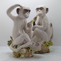 Handpainted Porcelain Monkey Figurines, Pair, Large, Vintage, Crackle Glaze - £114.02 GBP