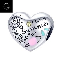 Genuine Sterling Silver 925 I Love Summer Enamel Heart Bead Charm For Bracelets - £15.88 GBP