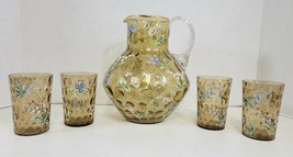 Antique Blown Glass Hand Painted Pitcher &amp; 4 Cups Applied Handle Flowers... - £47.59 GBP