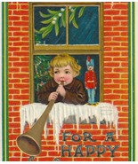 U/S Bernhardt Wall Boy New Year Horn at Window, Mistletoe Antique Postcard - $8.50