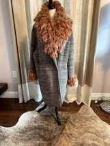 NWOT GIULIANA TESO Brown Tweed Knitted Cocoon Coat Red Fox Trim SZ M - $490.05