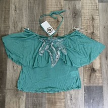 Teal Versace Jeans Couture Over Sleeve Crop Top Size L with Beads - £78.54 GBP