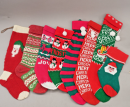 Lot of 8 Original Vintage Knit Christmas Stockings Santa Snowman Sleigh Pom Poms - £63.11 GBP