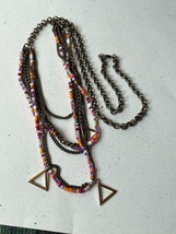 Long Antique Goldtone Chain w Pink Orange &amp; White Tiny Plastic Beads &amp; O... - $11.29