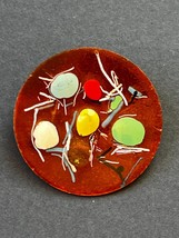 Vintage Small Brown Enamel Slightly Dished Solid Copper Disk w Colorful Abstract - £11.68 GBP