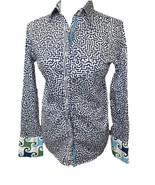 Tizzie ButtonUp Shirt Sz M Geometric Contrast Cuff Nautical Career Artsy NOTE - $27.59